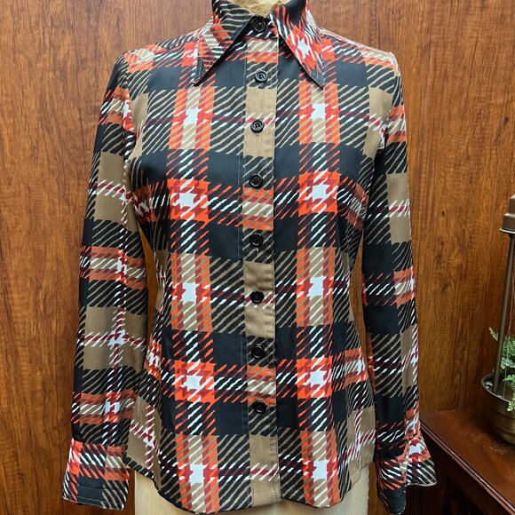 Vintage 1970s Addenda Wide Collar Plaid Check Print Button Up Dress Shirt - Picture 2 of 9